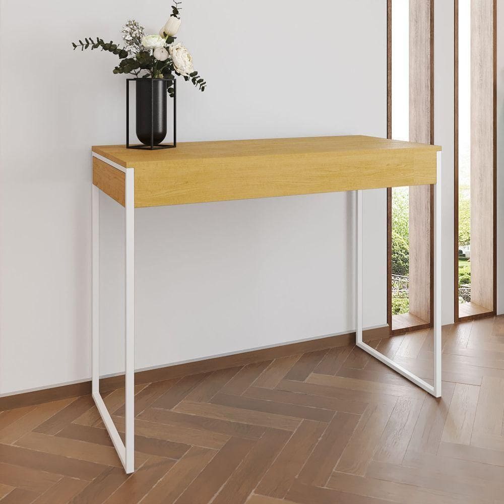 Aparador Industrial Retangular Califórnia Canela 137X40Cm Base Ferro Branco - Cor: Marrom