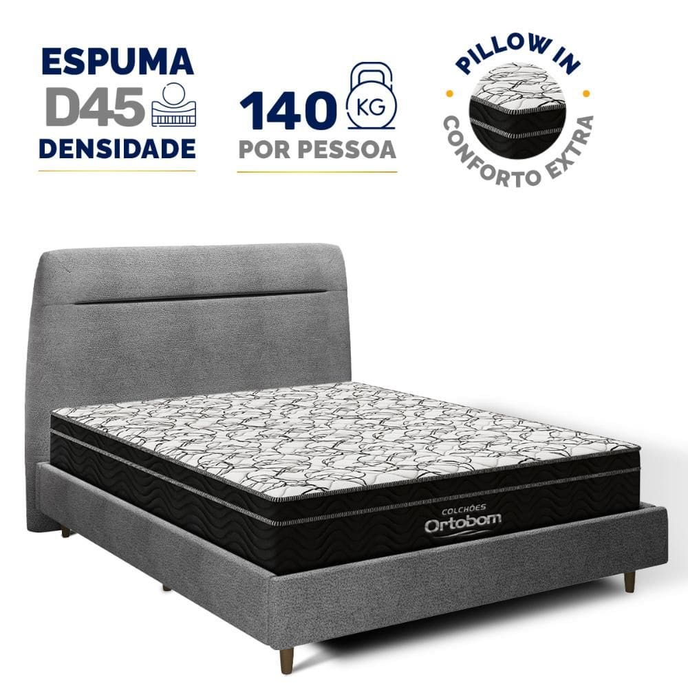 Cama + Cabeceira Genebra Bouclé com Colchão de Espuma D45 Ortobom Airtech Ortopillow 150 Casal 138cm
