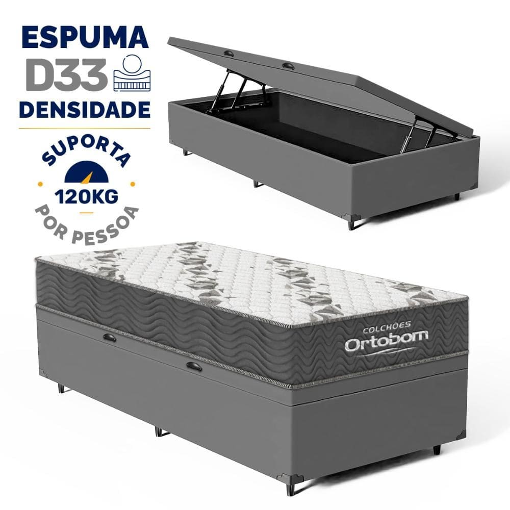 Cama Box Baú com Colchão de Espuma D33 Ortobom Airtech 100 Solteiro 88cm