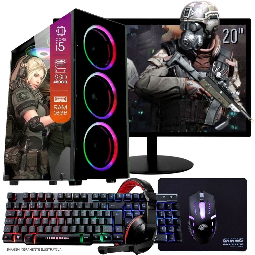 Computador Gamer Completo TOB Intel Core i5 SSD 480GB 16GB Teclado Mouse Mouse Pad e Headset Gamer Monitor 20" Windows 10 Pro Trial