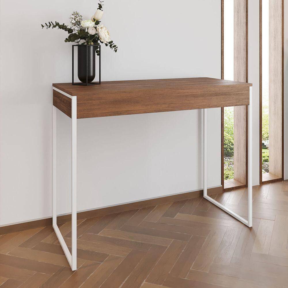 Aparador Industrial Retangular Califórnia Amêndoa 137X40Cm Base Ferro Branco - Cor: Marrom