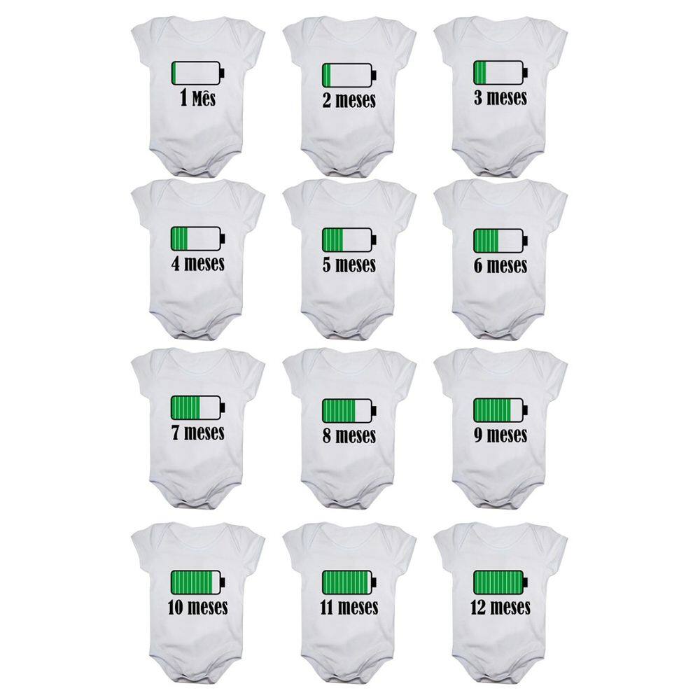 Kit body bebê mesversario manga curta bateria carregando 12 bodies 1 a 12 meses
