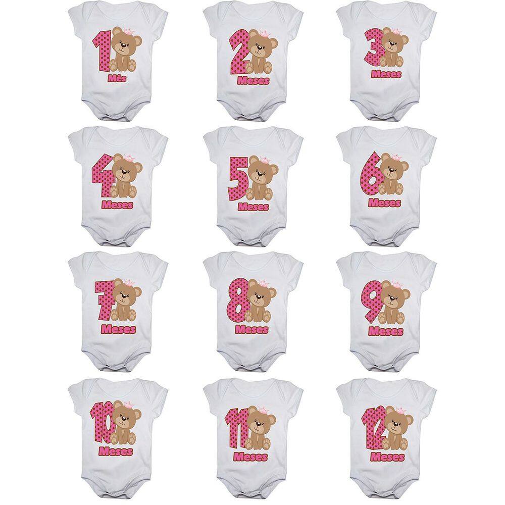 Kit body bebê mesversario manga curta ursinha com coroa 12 bodies 1 a 12 meses