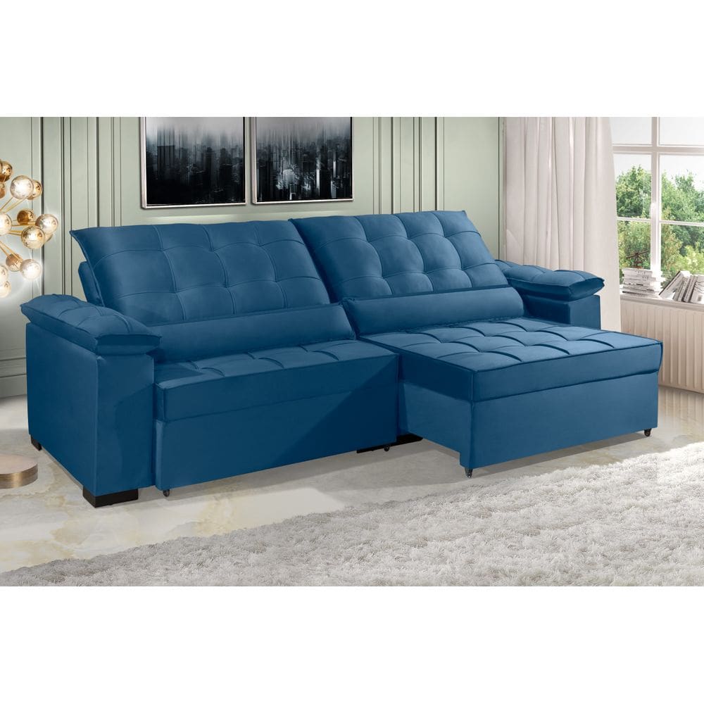Sofá Retrátil e Reclinável RENEW 2.10m ESTILO ESTOFADOS - França Velusoft Cor "Azul"