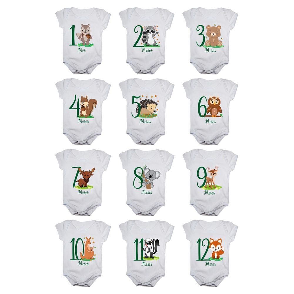 Body de Bebê Mesversario Animais da Floresta Kit Com 12 Bodies 1 a 12 Meses