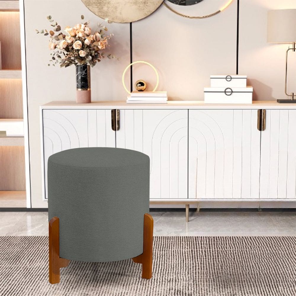 Puff Catânia 3 Pés Linho Cinza Base em Madeira Maciça