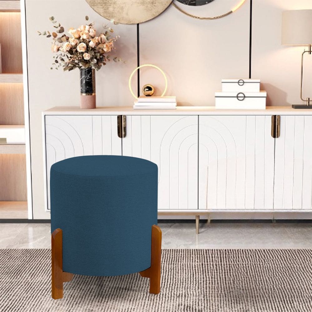 Puff Catânia 3 Pés Veludo Azul Marinho Base em Madeira Maciça