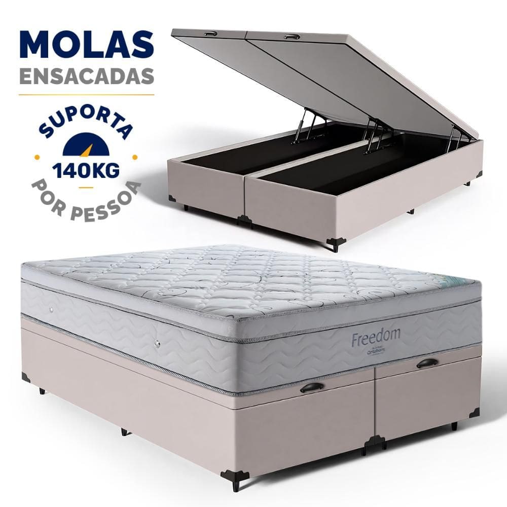 Cama Box Baú com Colchão de Molas Ensacadas D33 Pillow In Ortobom Freedom Queen 158cm
