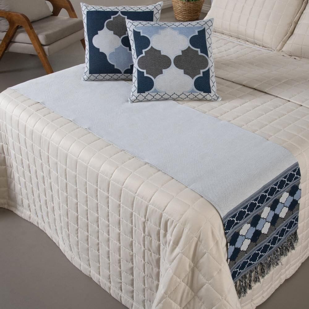Peseira King Com Almofadas Kit 05 Peças Tecido Jacquard Grécia - Azul