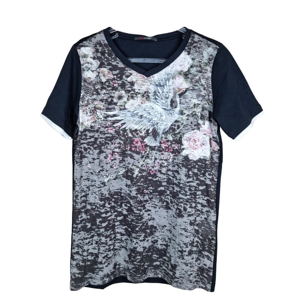 Camiseta Masculina Estampada Pássaro Asiático Tecido Devorê Pargan