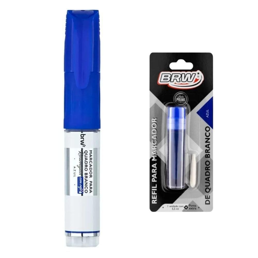 Kit Pincel Marcador Quadro Branco + Refil Com Ponta Extra Brw Azul