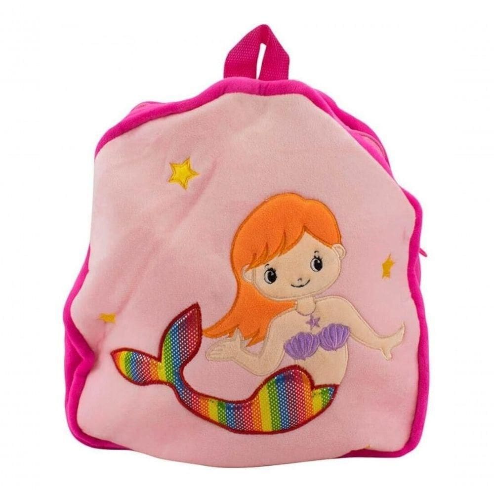 Mini Mochila Infantil Rosa Sereia Pelúcia 31x28cm