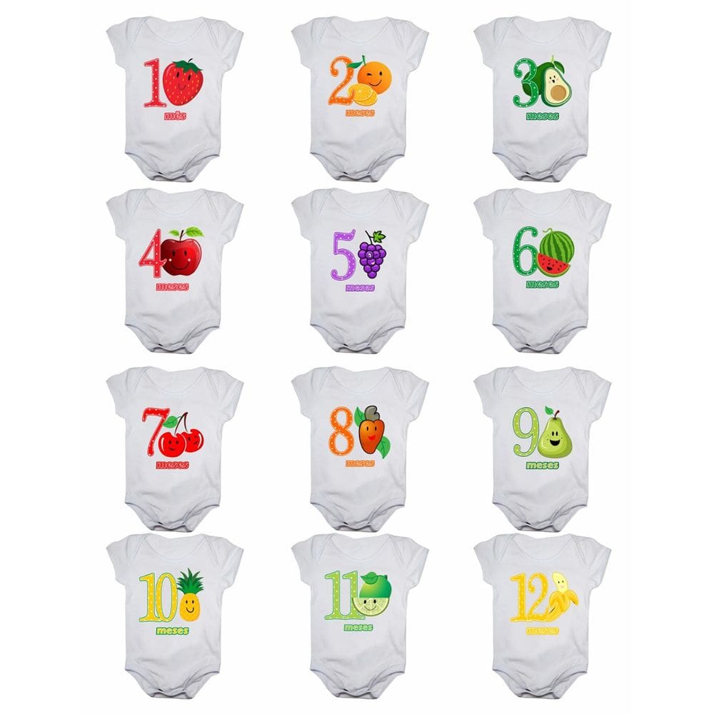 Kit Body Mesversario Manga Curta Frutas 12 Bodies de Bebê De 1 a 12 Meses