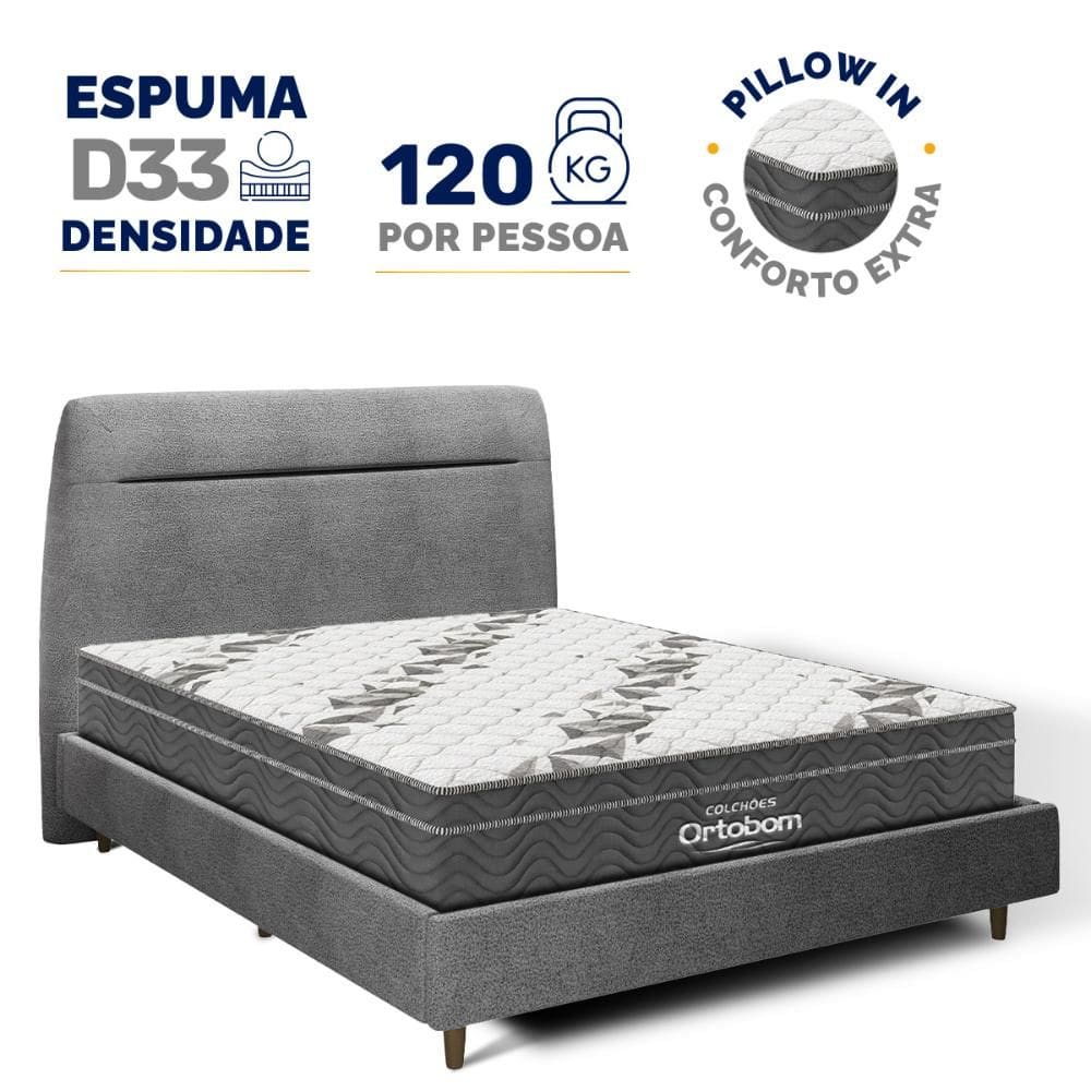 Cama + Cabeceira Genebra Bouclé com Colchão de Espuma D33 Ortobom Airtech Ortopillow 100 Casal 138cm