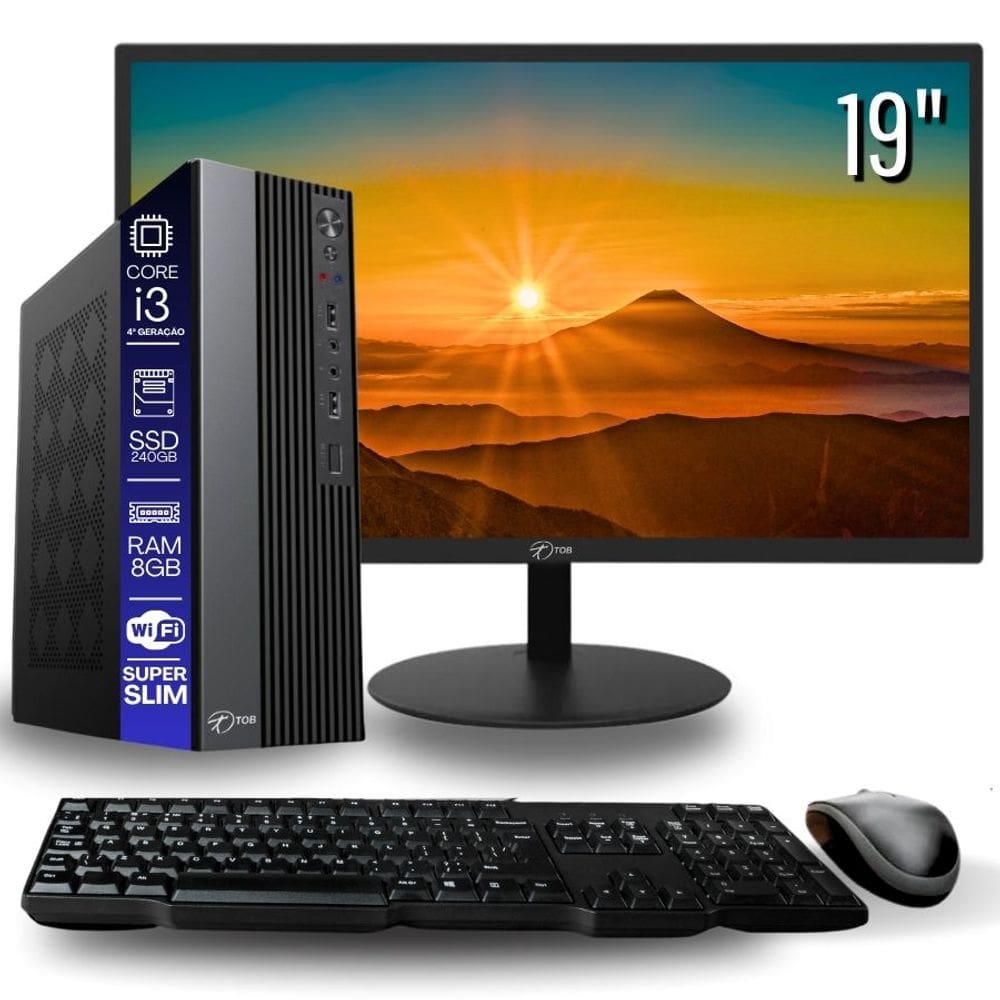 Computador TOB Slim Completo Compacto 4ª Geração Intel Core i3 SSD 240GB Memória 8GB Teclado Mouse Monitor 19" Rede sem fio Win 10 Trial