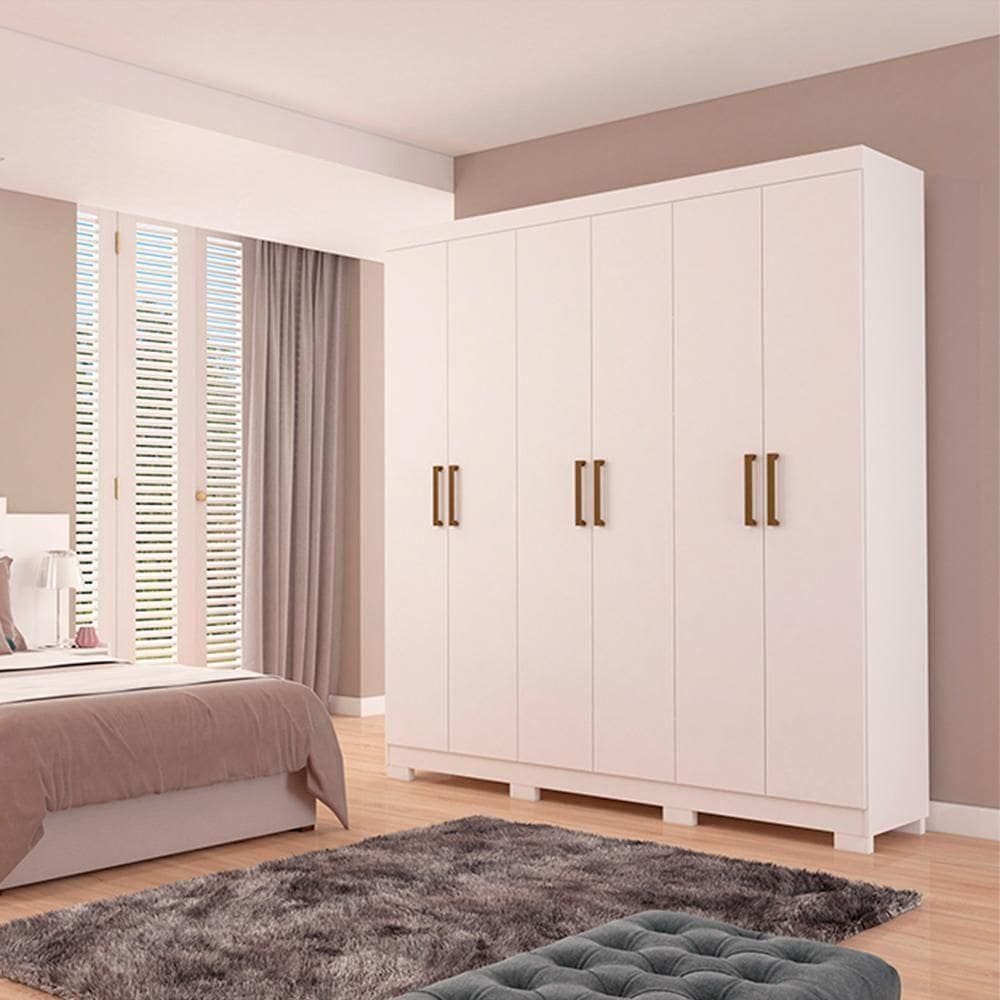 Guarda Roupa Casal Em Mdf 6 Portas 2 Gavetas Espelho Interno Giratório E Pés Milena Branco Branco