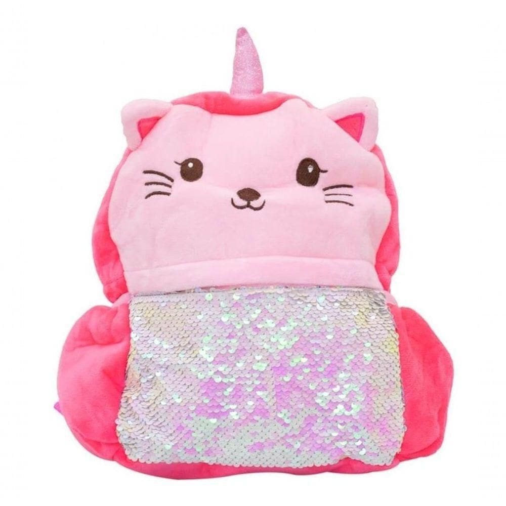 Mini Mochila Infantil Rosa Sereia Gato Pelúcia 30x30cm Creche Escolar Escolinha