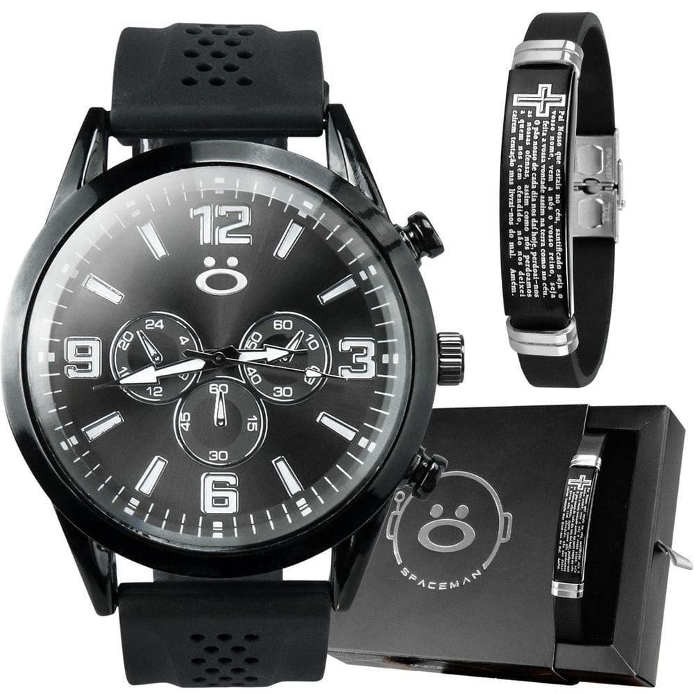 Relogio Aço Inox Preto Masculino + Caixa + Pai Nosso Pulseira Casual Silicone Social Ajustavel