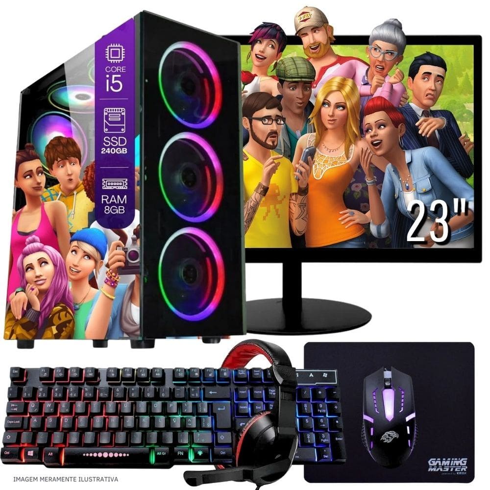 Computador Gamer Completo TOB Intel Core i5 SSD 240GB 8GB Teclado Mouse Mouse Pad e Headset Gamer Monitor 23" Windows 10 Pro Trial