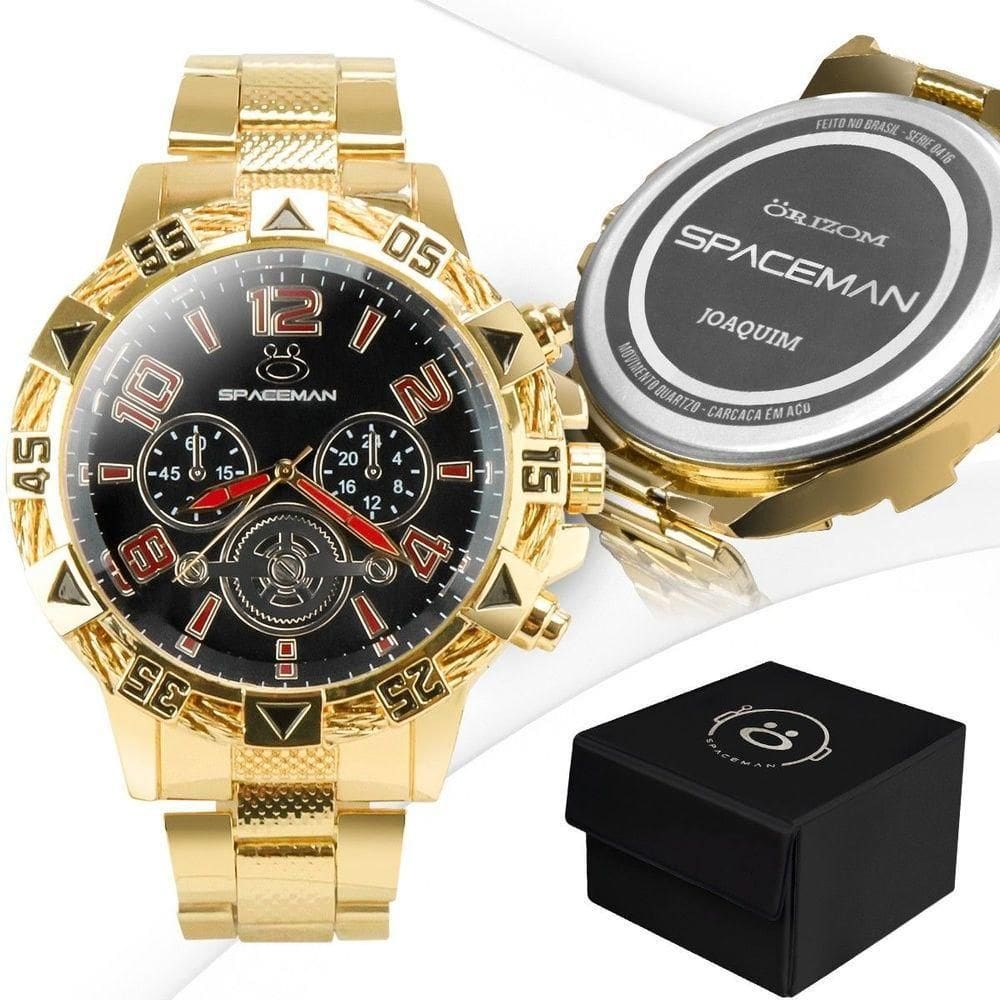 Relogio Dourado Inox Banhado Personalizado Masculino + Caixa Social Presente Analogico Casual Preto