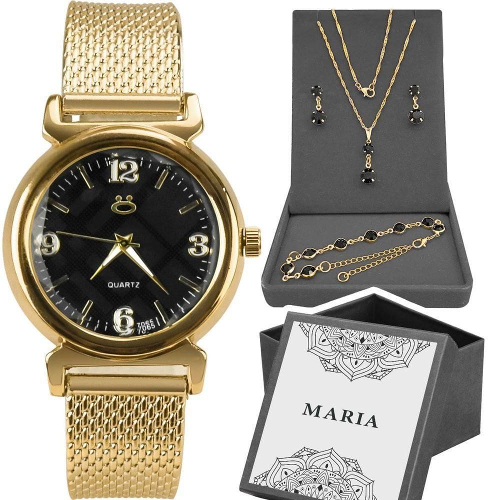 Relogio Feminino Aço Inox + Colar Strass + Pulseira Strass Casual Dourado Moda Presente Ajustavel