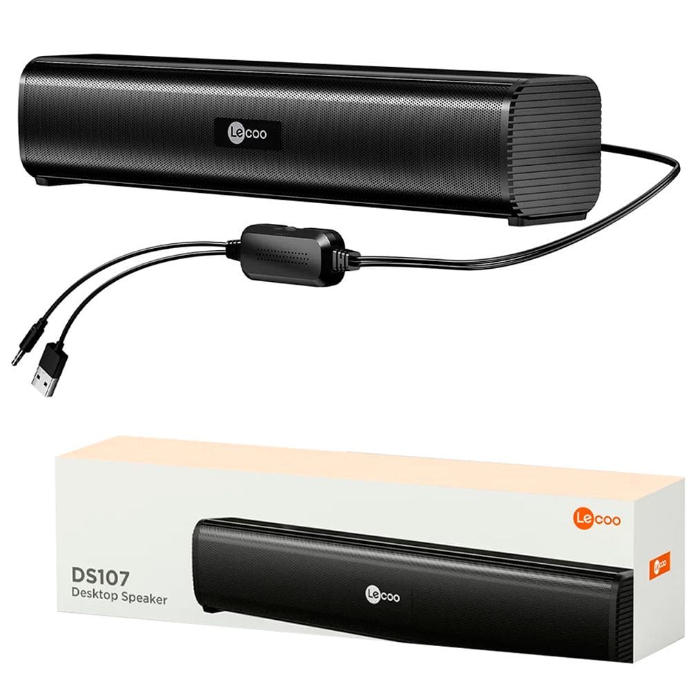 SoundBar Lecoo 2.0 Conexão P2, Alimentação USB Drive, Dois Alto Falantes, 6W, Lecoo DS107 - Preto