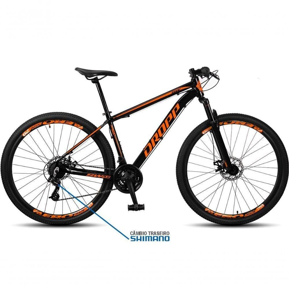 Bicicleta Aro 29 Dropp Sw 24 Vel Câmbio Shimano Quadro Alumínio Mtb Preto+Laranja