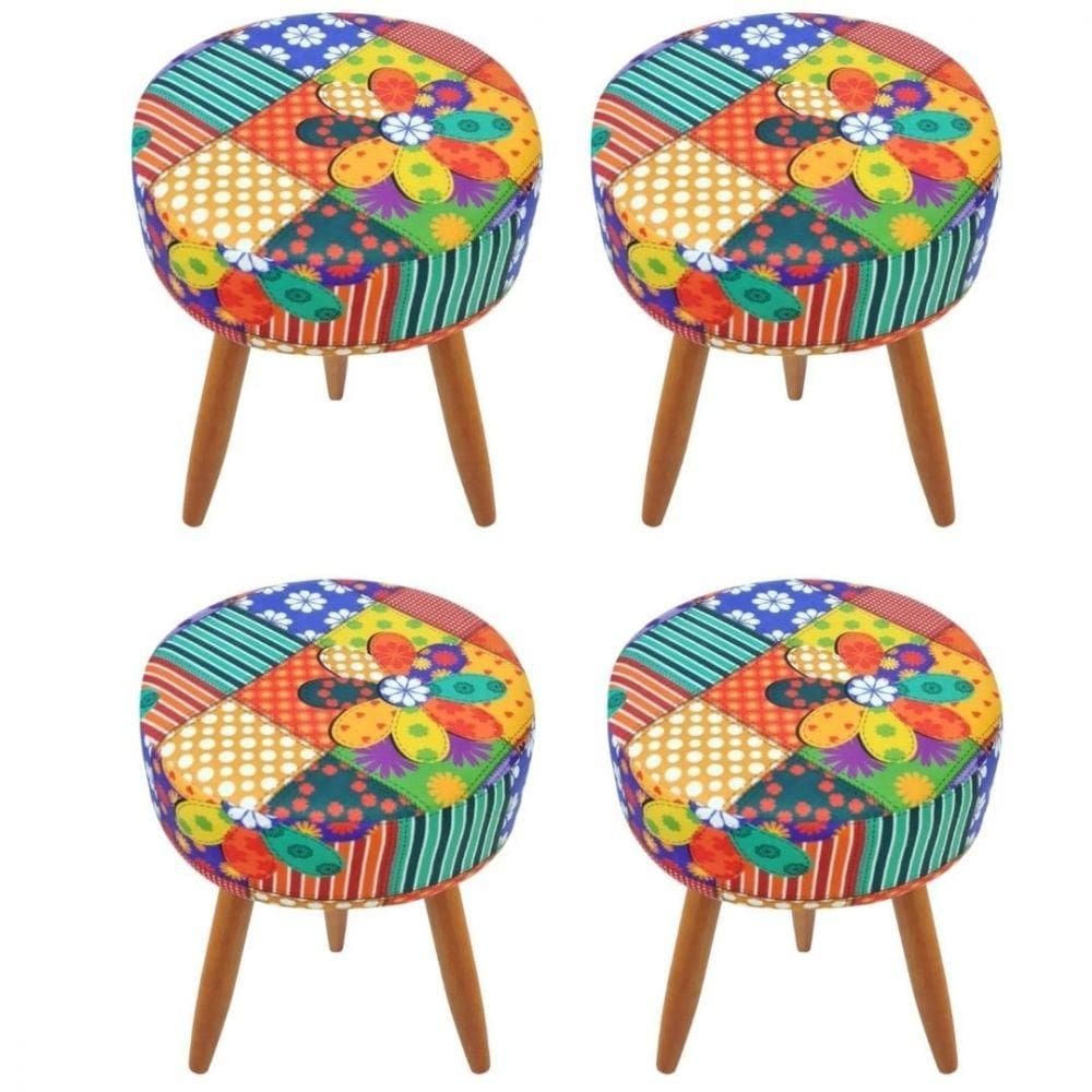 Combo 4 Puffs Redondo Pé Palito Patchwork