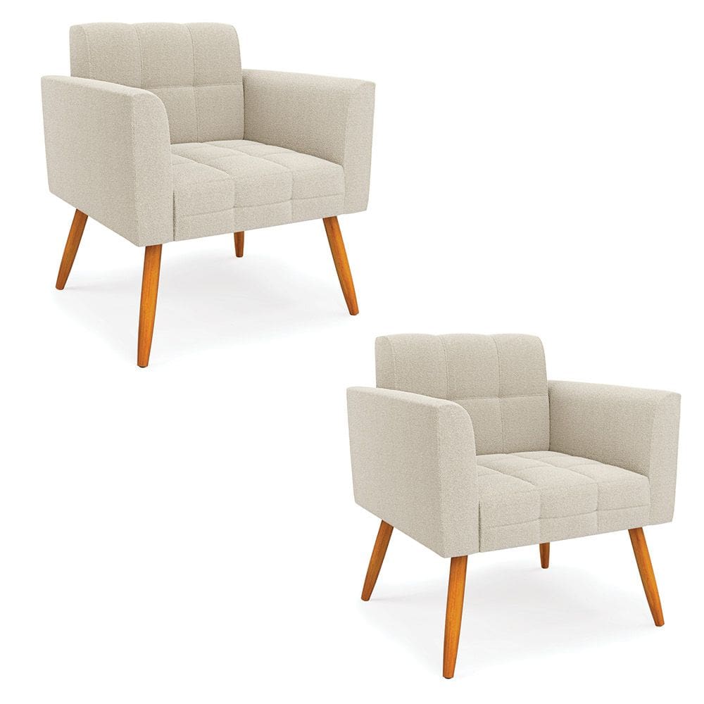 Poltrona Sala Estar Pé Palito Castanho Kit 2 Elisa Bouclê Bege D03 - D`Rossi