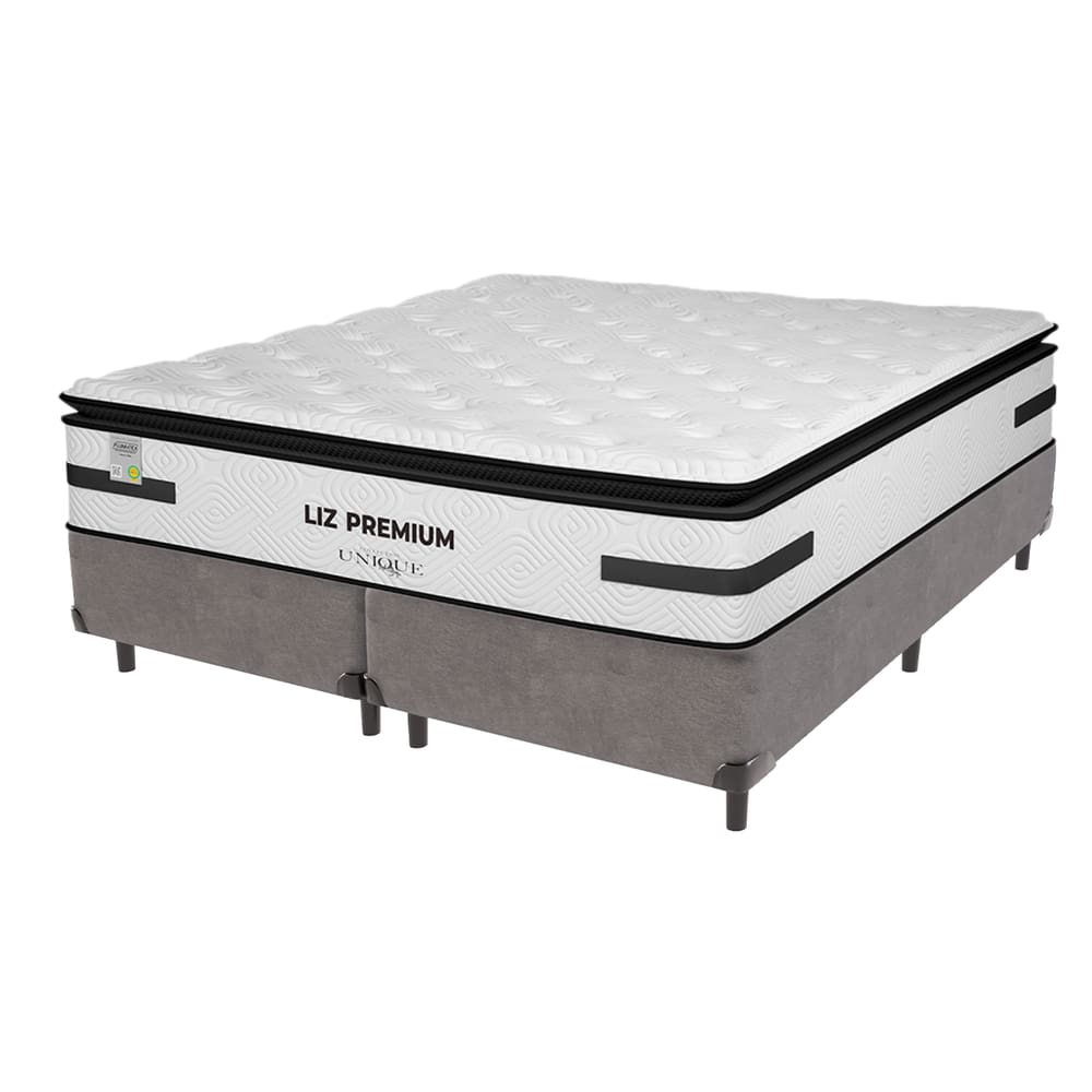 Cama Box Cinza e Colchão King Liz Premium Molas Ensacadas Unique