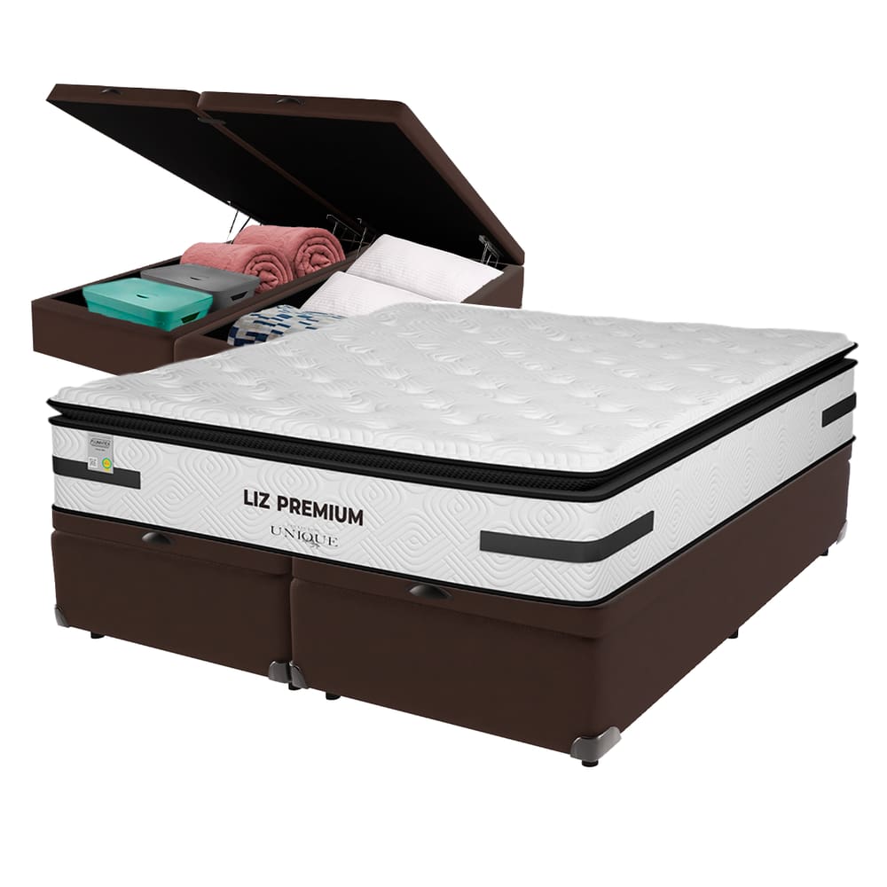 Cama Box Baú Marrom e Colchão Queen Liz Premium Molas Ensacadas Unique
