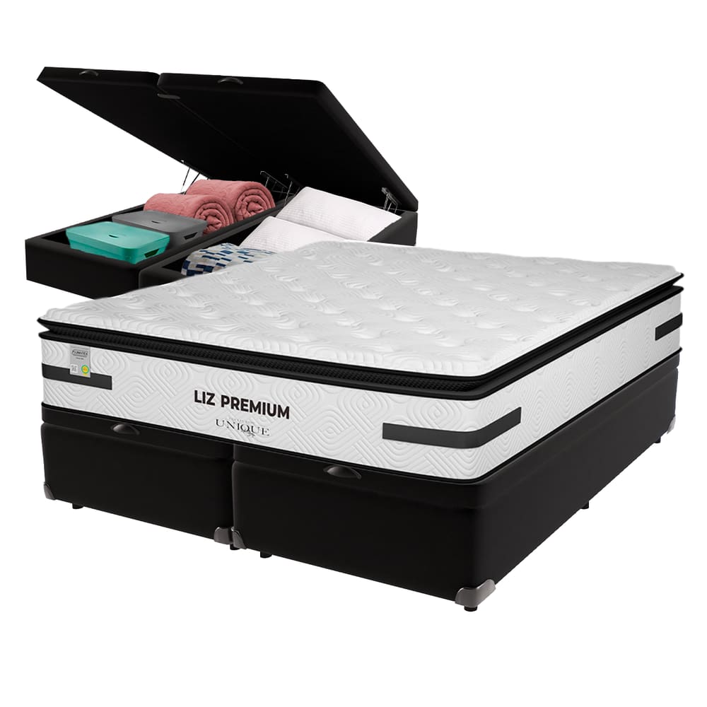 Cama Box Baú Preto e Colchão King Liz Premium Molas Ensacadas Unique
