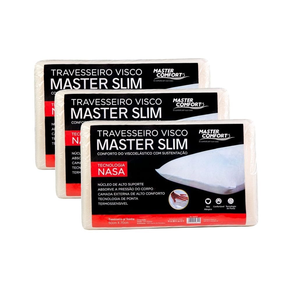 Kit 3 Travesseiros Slim Nasa Master Comfort 35X55X9cm Visco