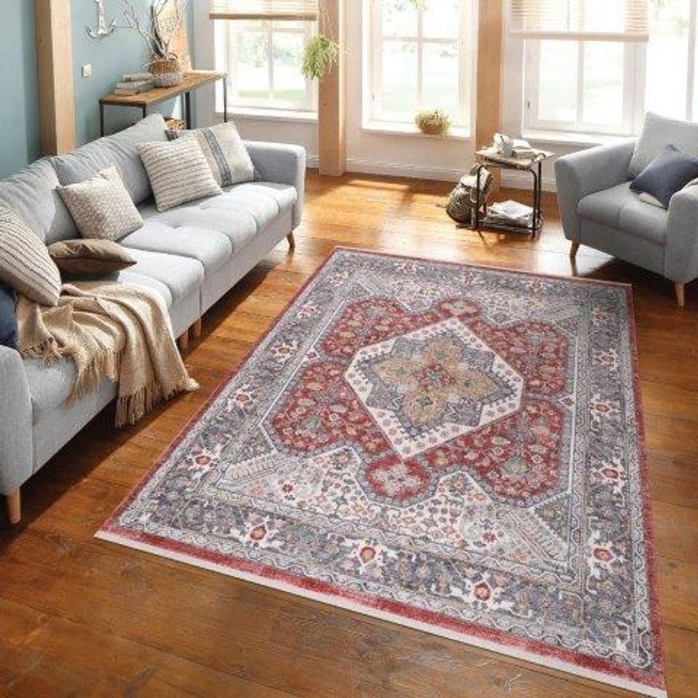 Tapete Turco Para Sala Coliseo 05 -200 X 250Cm Cinza E Vermelho