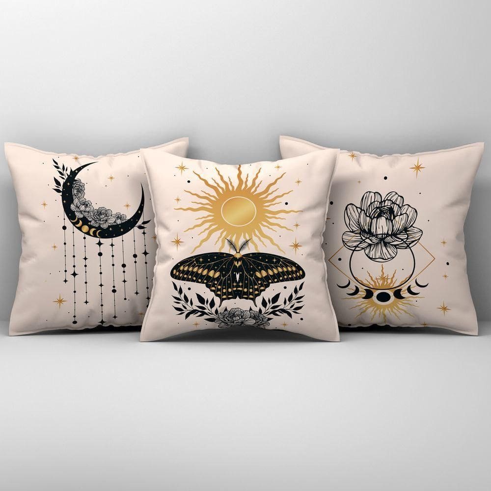 Trio Capas De Almofadas Fases Da Lua Estampadas Em Veludo Suede 45cm X 45cm Para Sala Bege