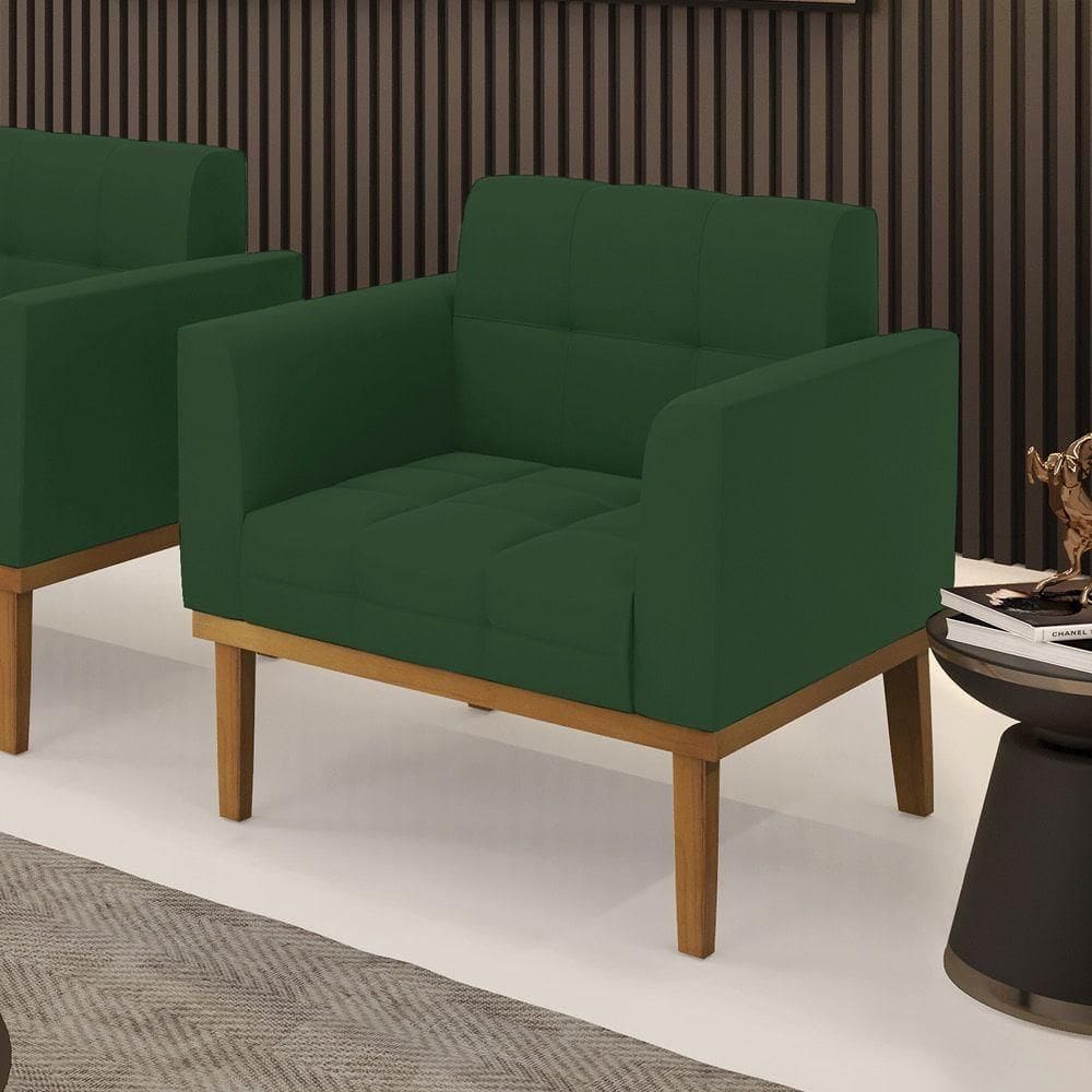 Poltrona Decorativa Pés Fixo Em Madeira Castanho Veludo Verde Esmeralda