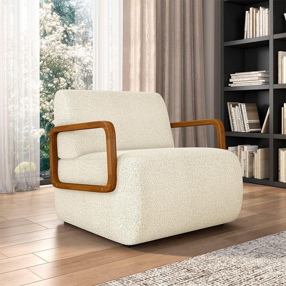 Poltrona Decorativa Sala De Estar Odessa Braços Em Madeira Bouclê Off White G33