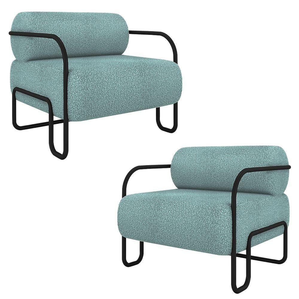 Kit 2 Poltronas Decorativas Sala De Estar Polatsk Base Industrial De Ferro Bouclê Azul G33