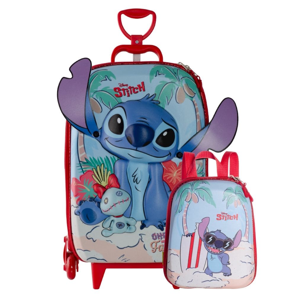 Kit Mochila De Rodas Stitch Praia 3D Lancheira Escolar
