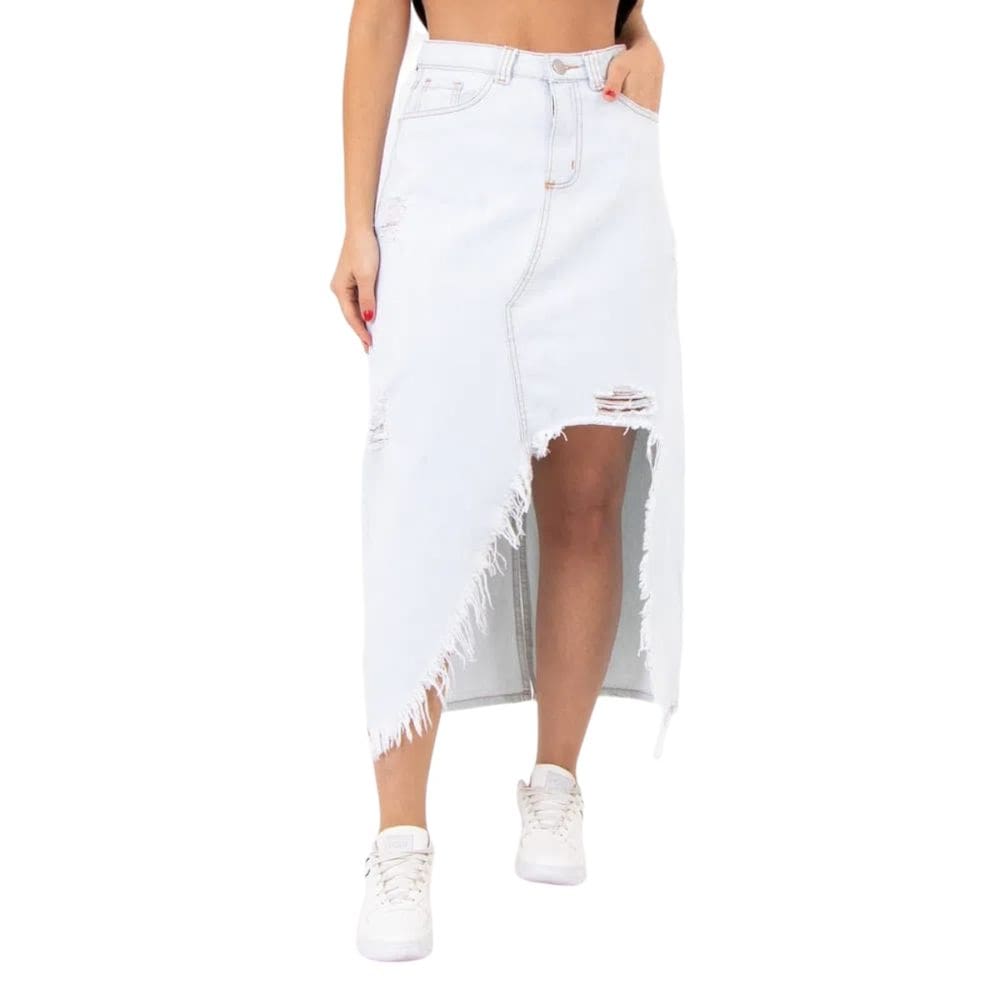 Saia Midi Com Fenda Destroyed Azul Clara Lady Rock