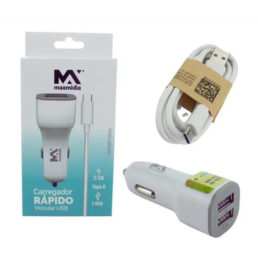 Carregador Automotivo 2 Usb 2.4 12W E Cabo 85Cm Tipo C - Maxmidia