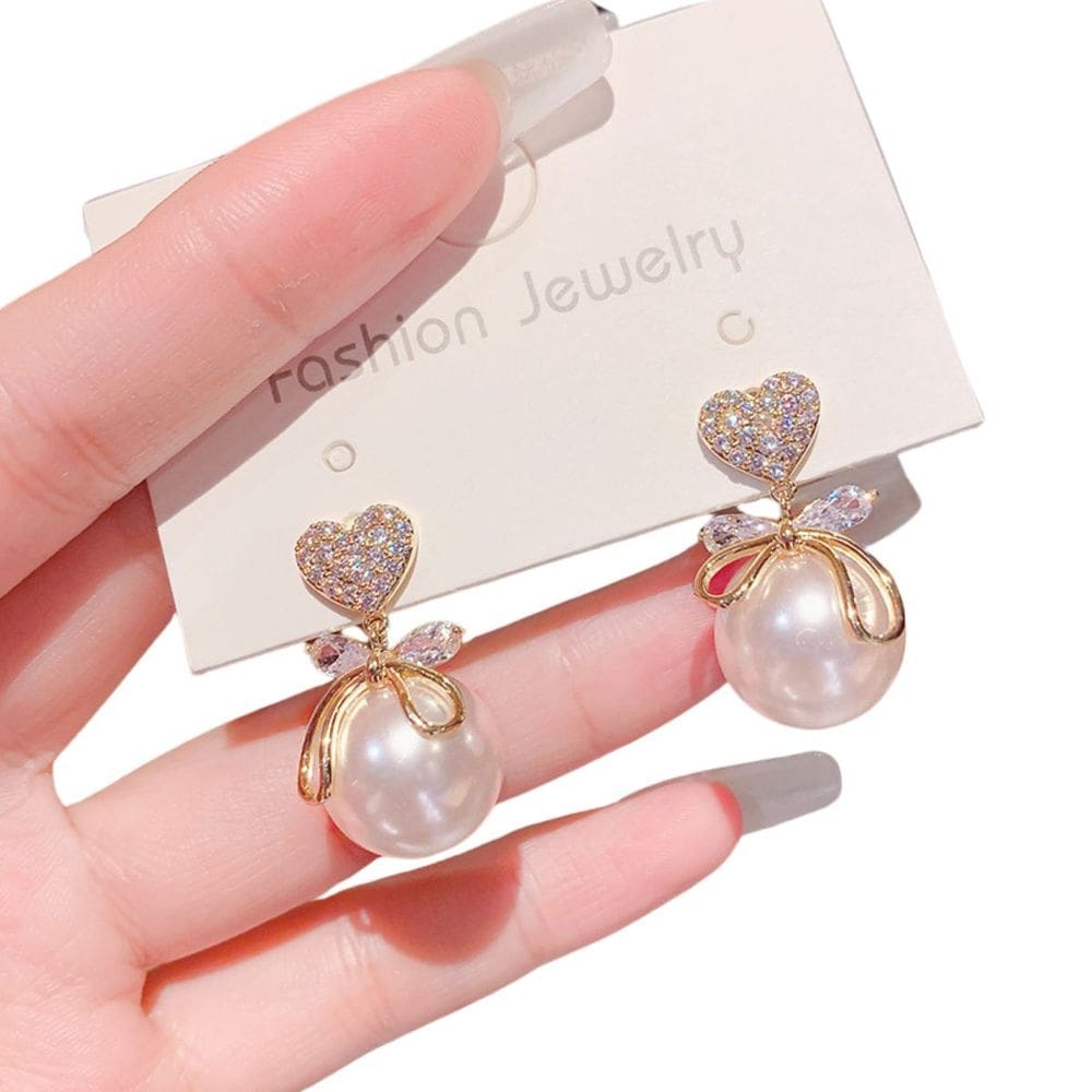 Brincos Femininos Coração Delicado Pérola Strass Brilho Luxo