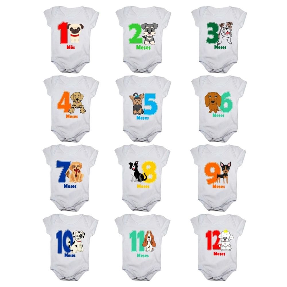 Kit body bebê mesversario manga curta estampa cachorrinhos 12 bodies 1 a 12 meses