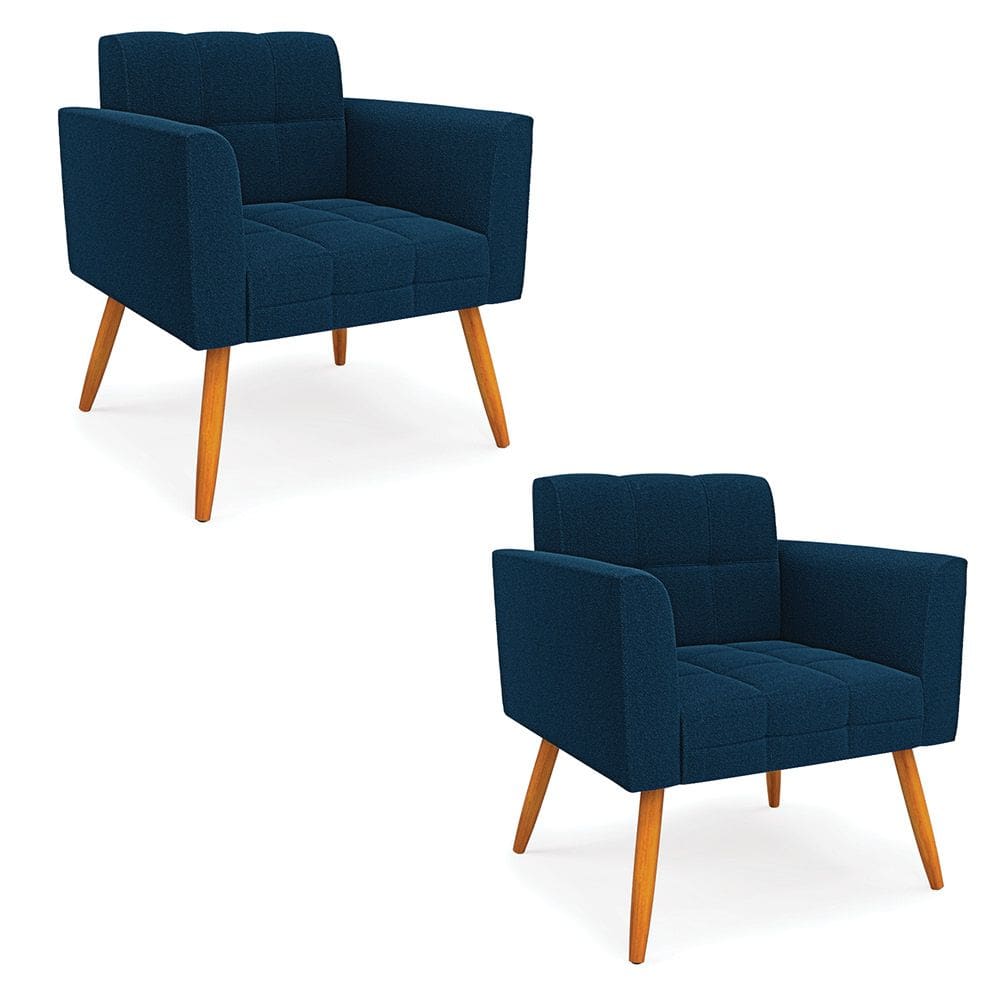 Poltrona Sala Estar Pé Palito Castanho Kit 2 Elisa Bouclê Azul D03 - D`Rossi