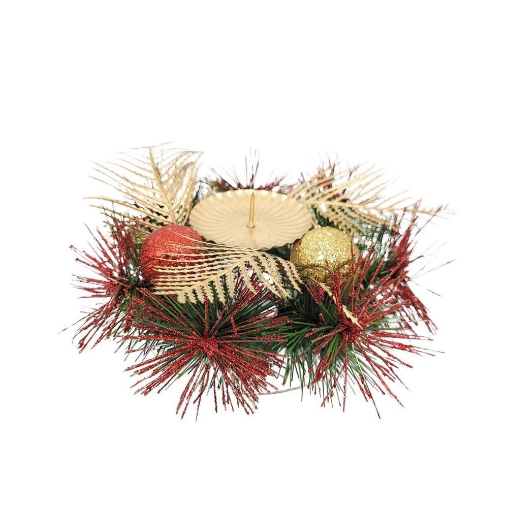 Castiçal De Natal Decorado Luxo Bolas e Folhagens Dourado e Vermelho 15cm - Master Christmas