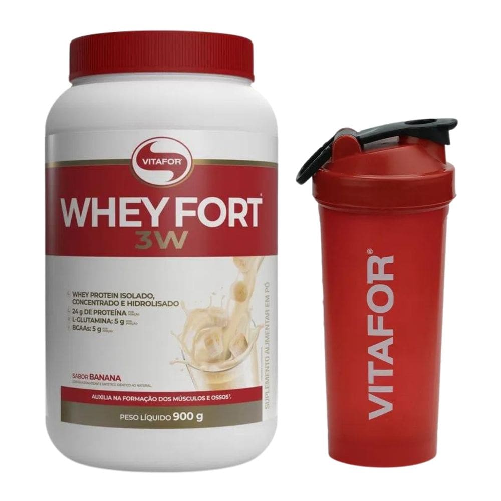 Whey Protein Isolado Whey Fort Vitafor Sabor Banana Concentrado Hidrolisado 900g Fitness Coqueteleira Shaqueira