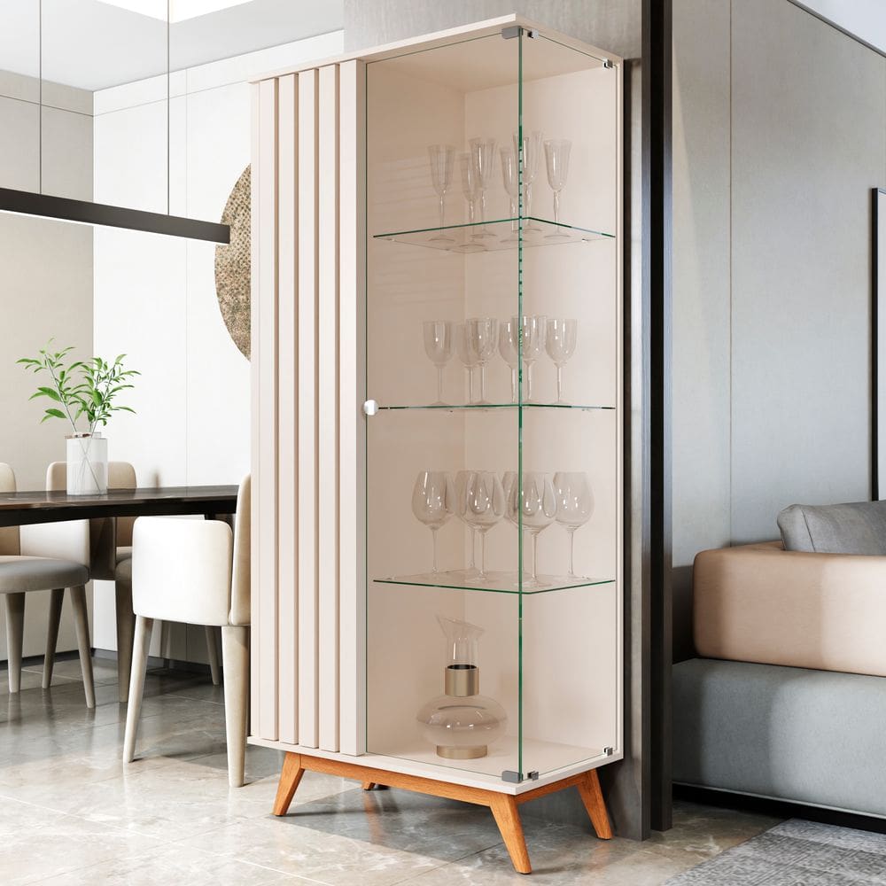 Cristaleira com Lateral e Porta Ripada Pés em Madeira Vidro Açaí OffWhite- Rede Móveis