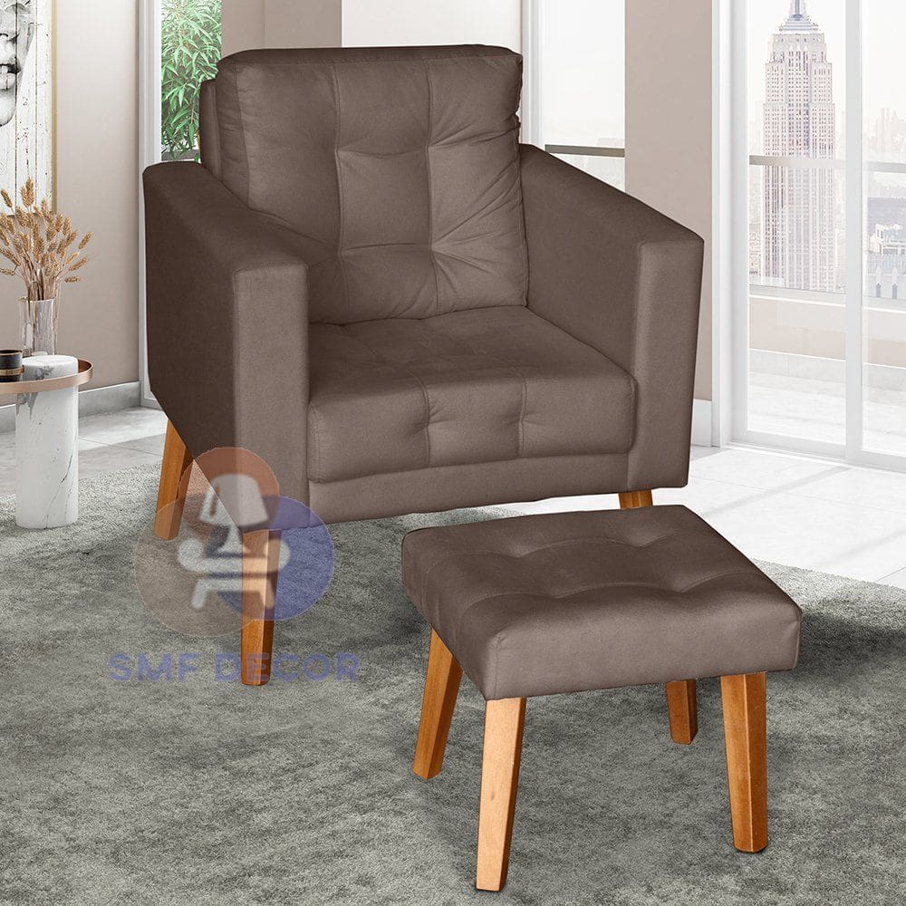 Sofá/Poltrona/Cadeira Decorativa Glamour Dubai com Puff e pés em Madeira