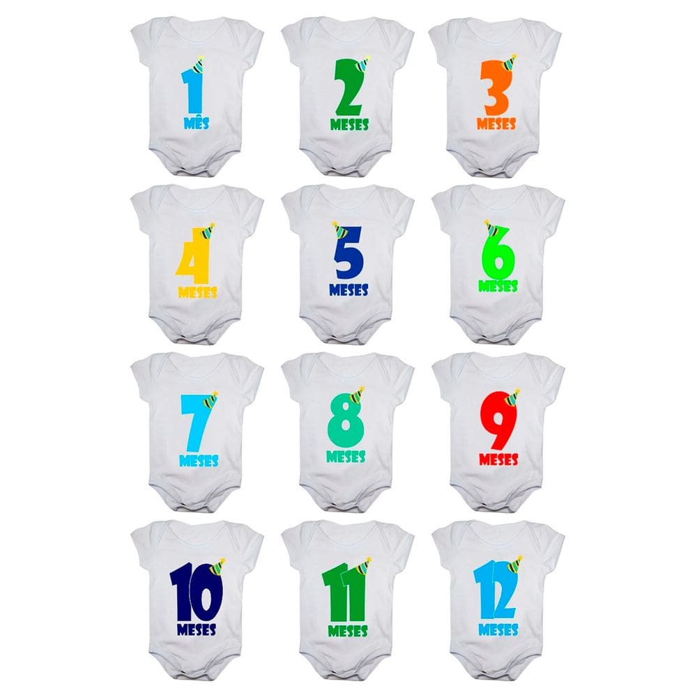Kit body mesversario manga curta números chapéu 12 bodies de bebê 1 a 12 meses