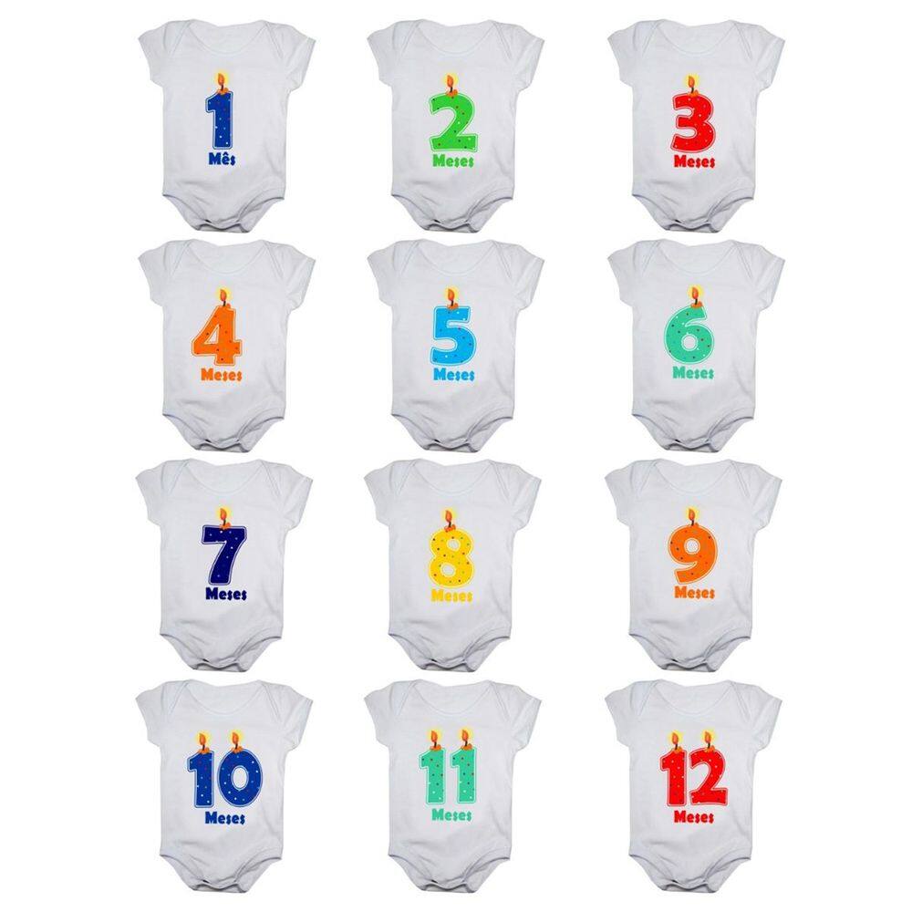 Kit body bebê mesversario manga curta números vela 12 bodies 1 a 12 meses